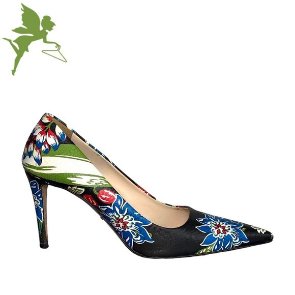 ^SOLD* PRADA Authentic Dark Floral Print Saffiano Leather Pumps - Picture 2 of 7
